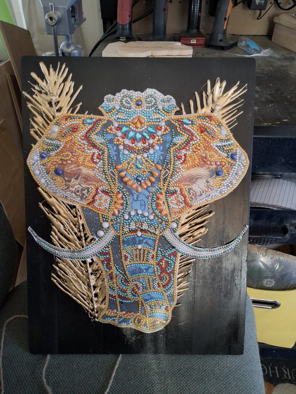 Hand Embellished Elephant Wall Art in Blue and Gold - Decorative Home Wall Decor - Picture 2 of 2